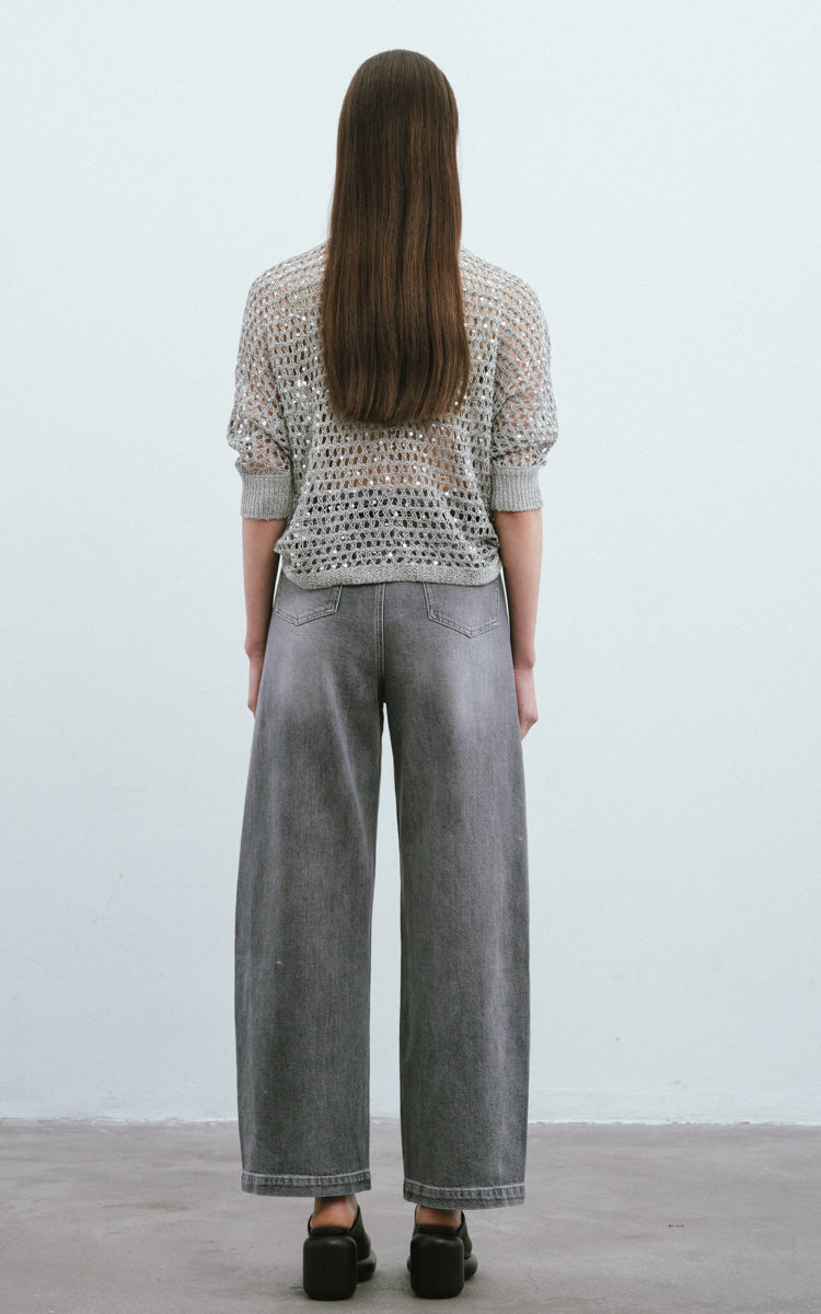 Sequined Mesh Casual Sweater-Grey