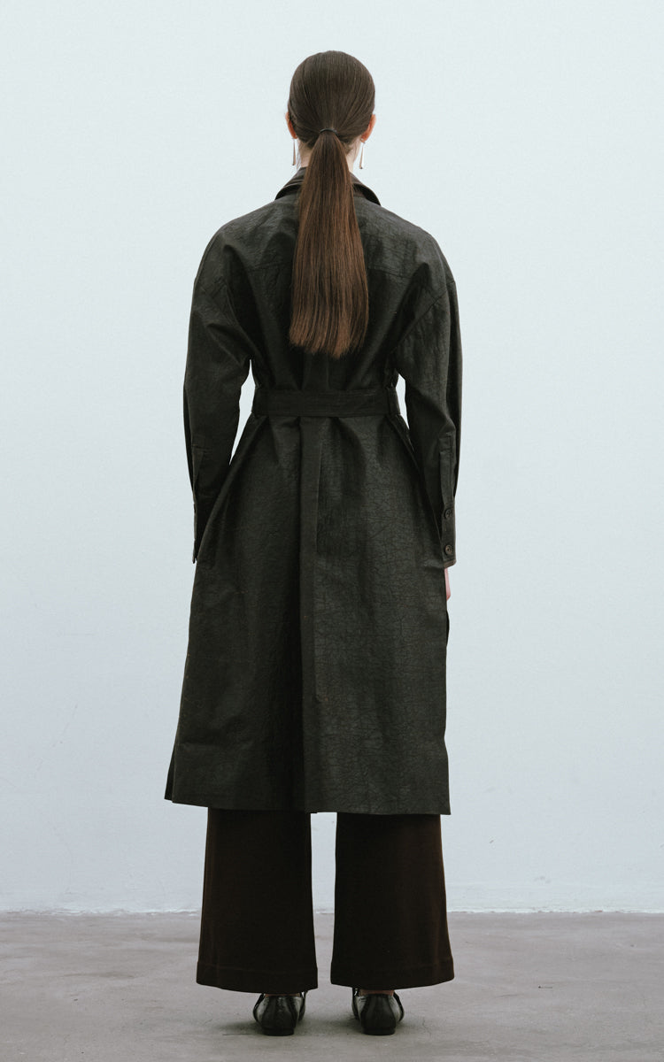 Leather-Trimmed Silk Trench