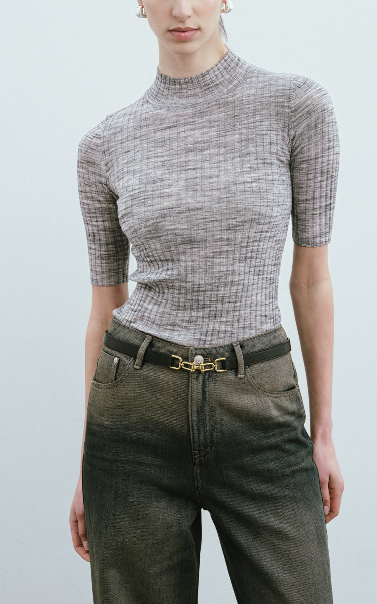 Mock Neck Wool Sweater-Melange Grey