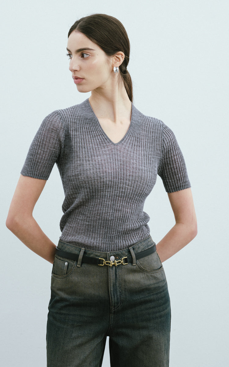 Sequined Wool SS Top-Grey