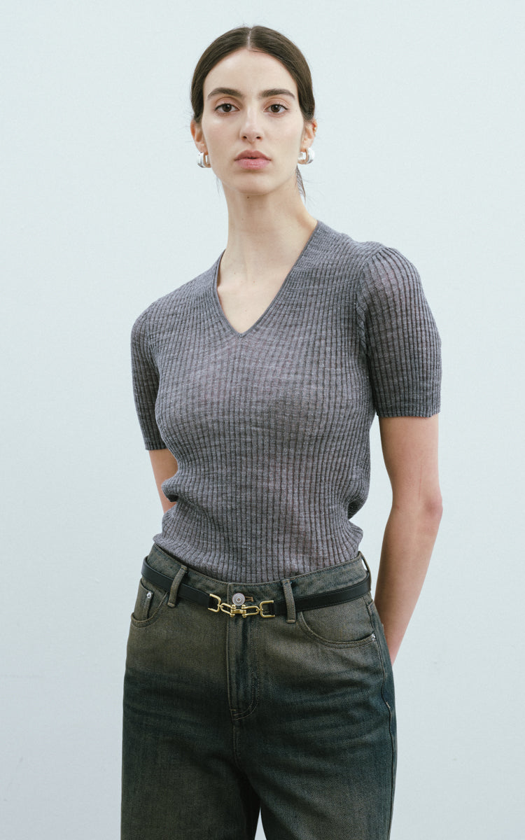 Sequined Wool SS Top-Grey