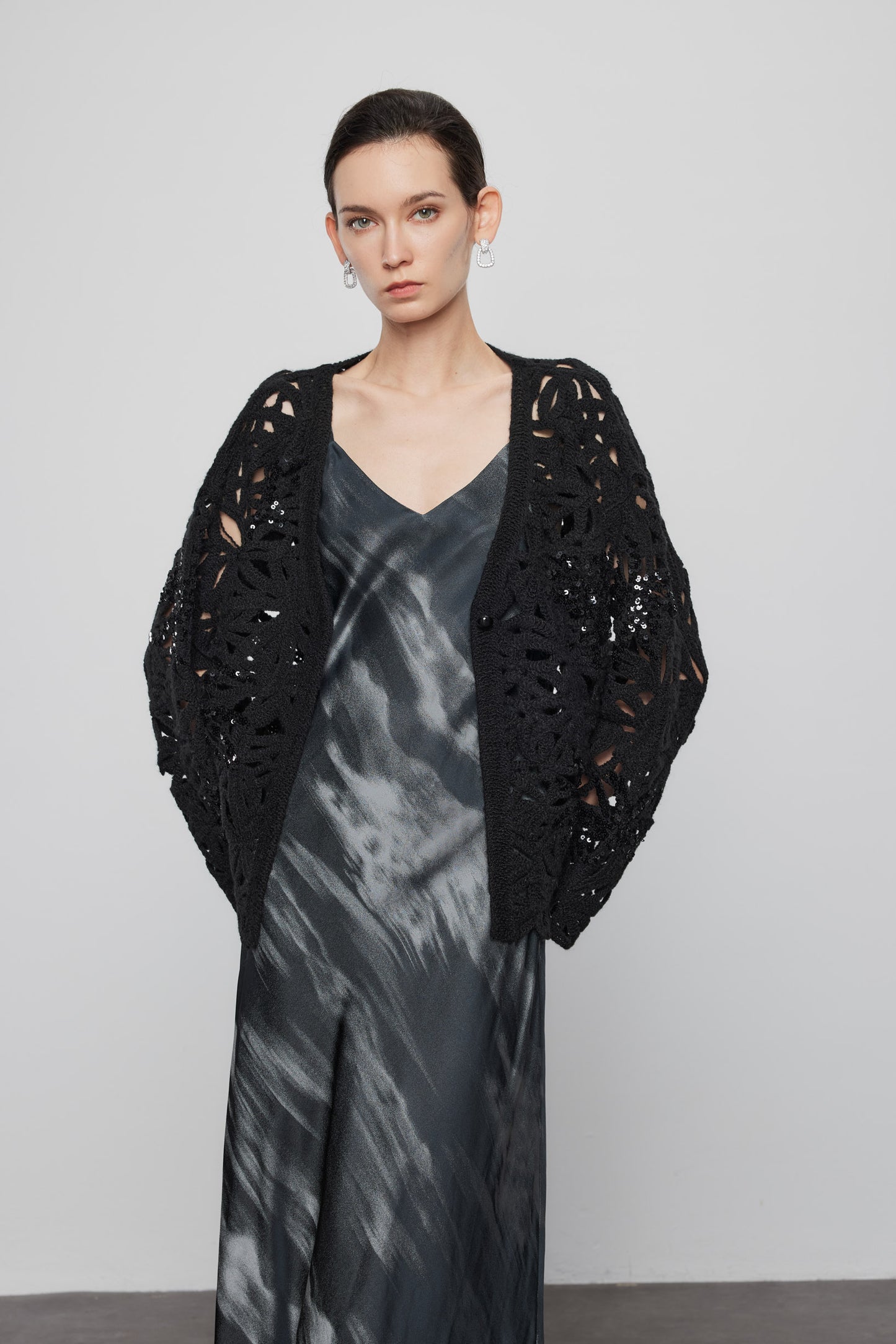 Beaded Crochet Cardigan In Black