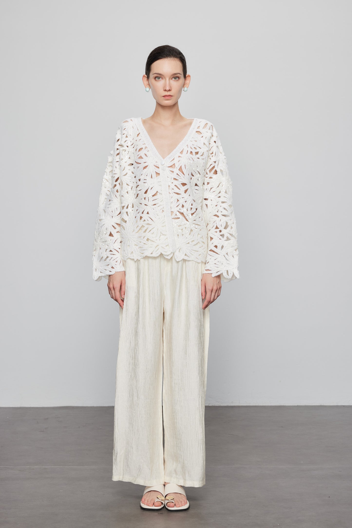 Beaded Crochet Cardigan In White