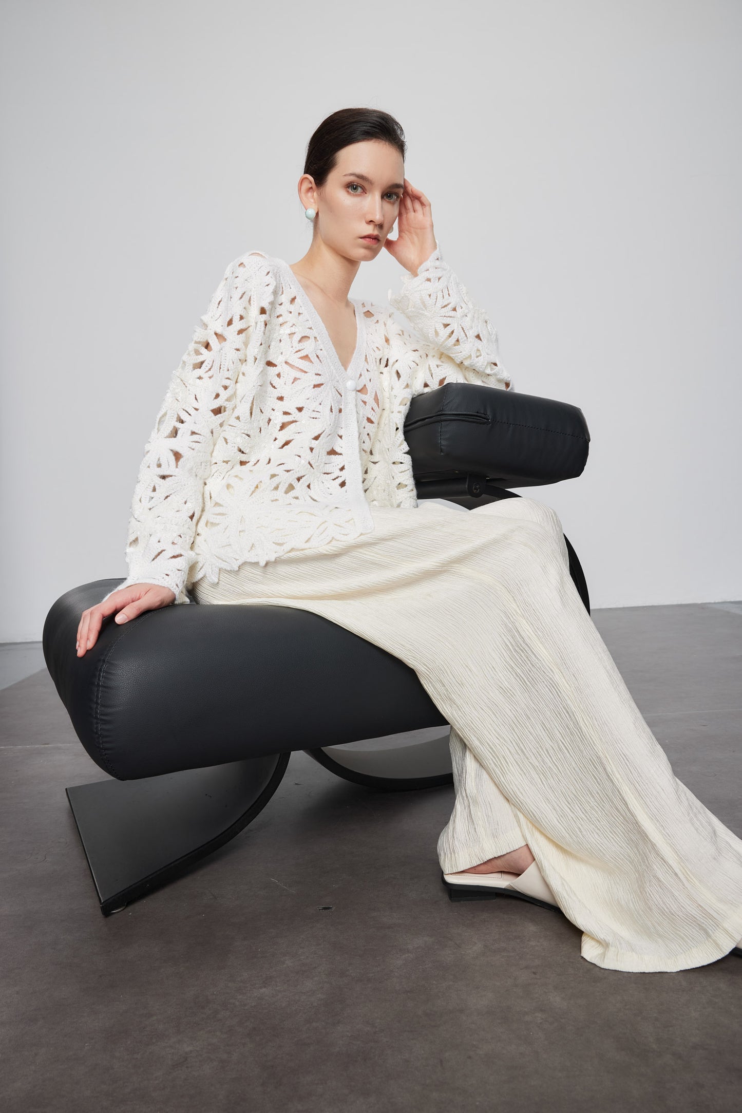 Beaded Crochet Cardigan In White