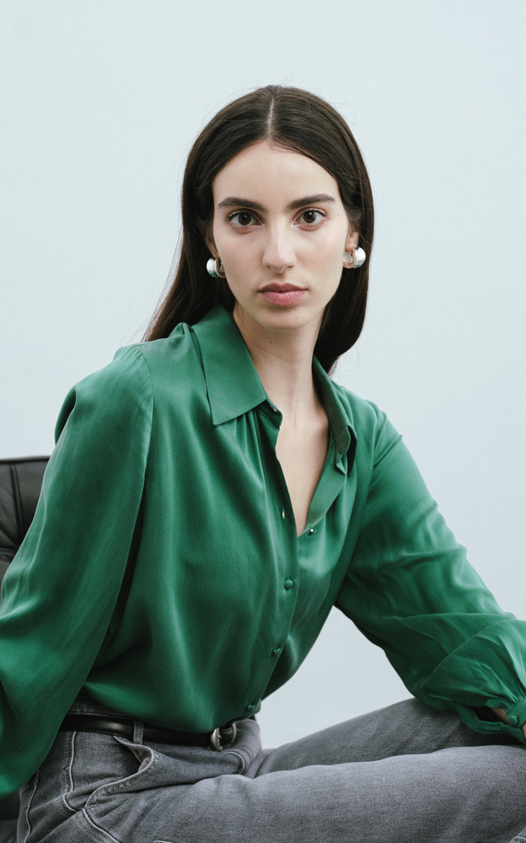 Sandwashed Silk Shirt-Emerald
