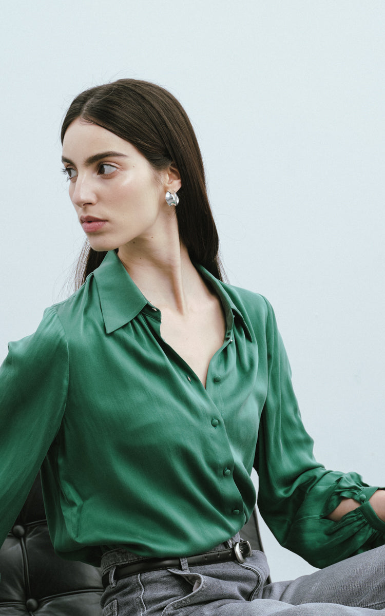 Sandwashed Silk Shirt-Emerald