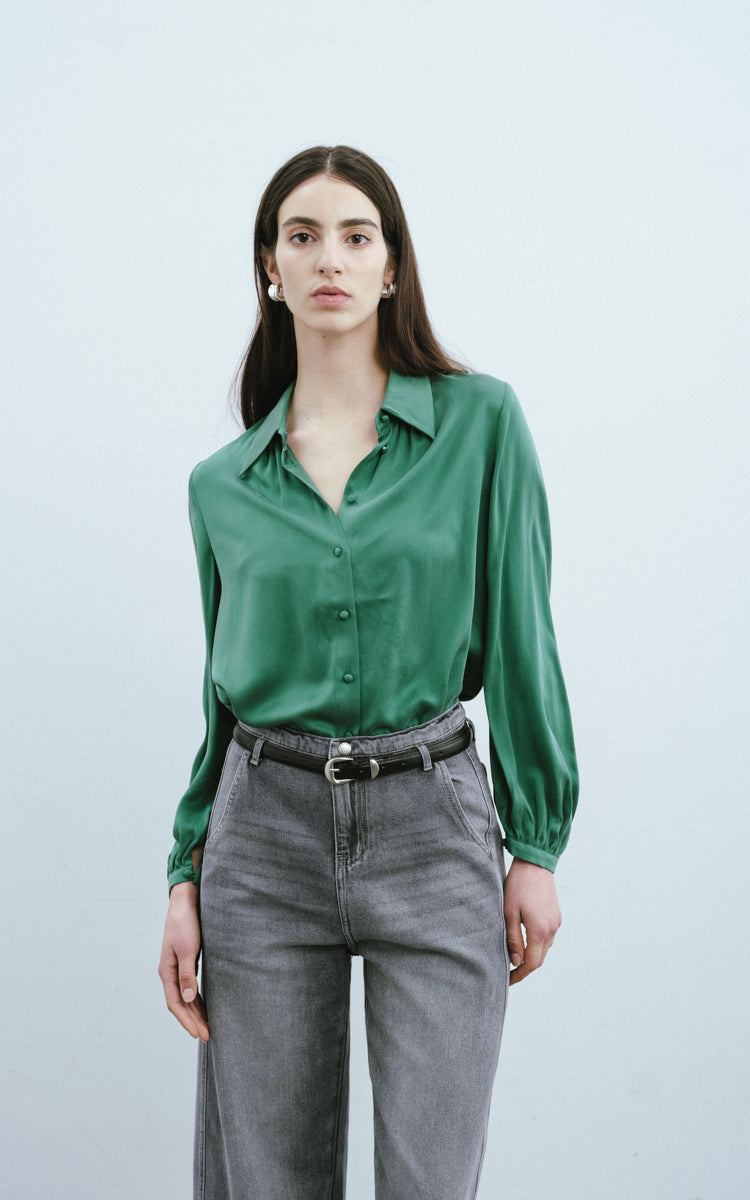 Sandwashed Silk Shirt-Emerald
