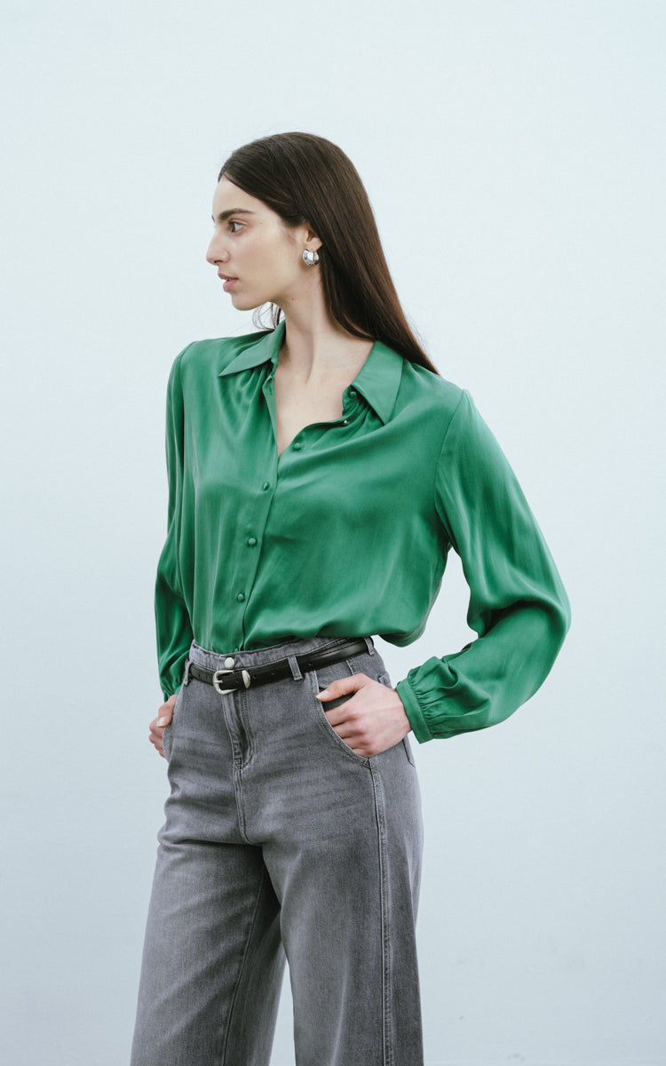 Sandwashed Silk Shirt-Emerald