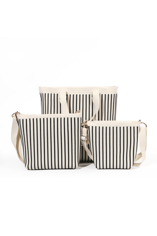 Zippered Striped Knit Tote Bag-Black/White