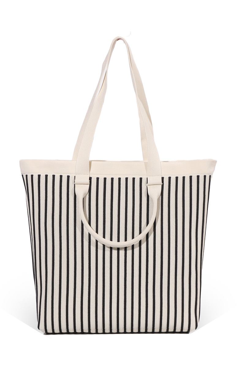 Zippered Striped Knit Tote Bag-Black/White