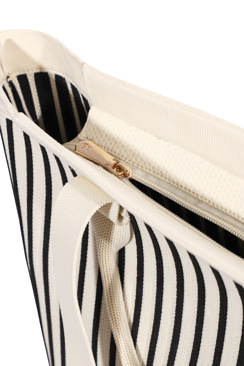 Zippered Striped Knit Tote Bag-Black/White