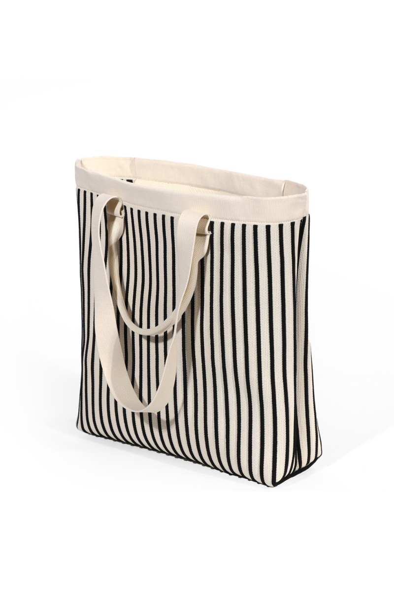 Zippered Striped Knit Tote Bag-Black/White