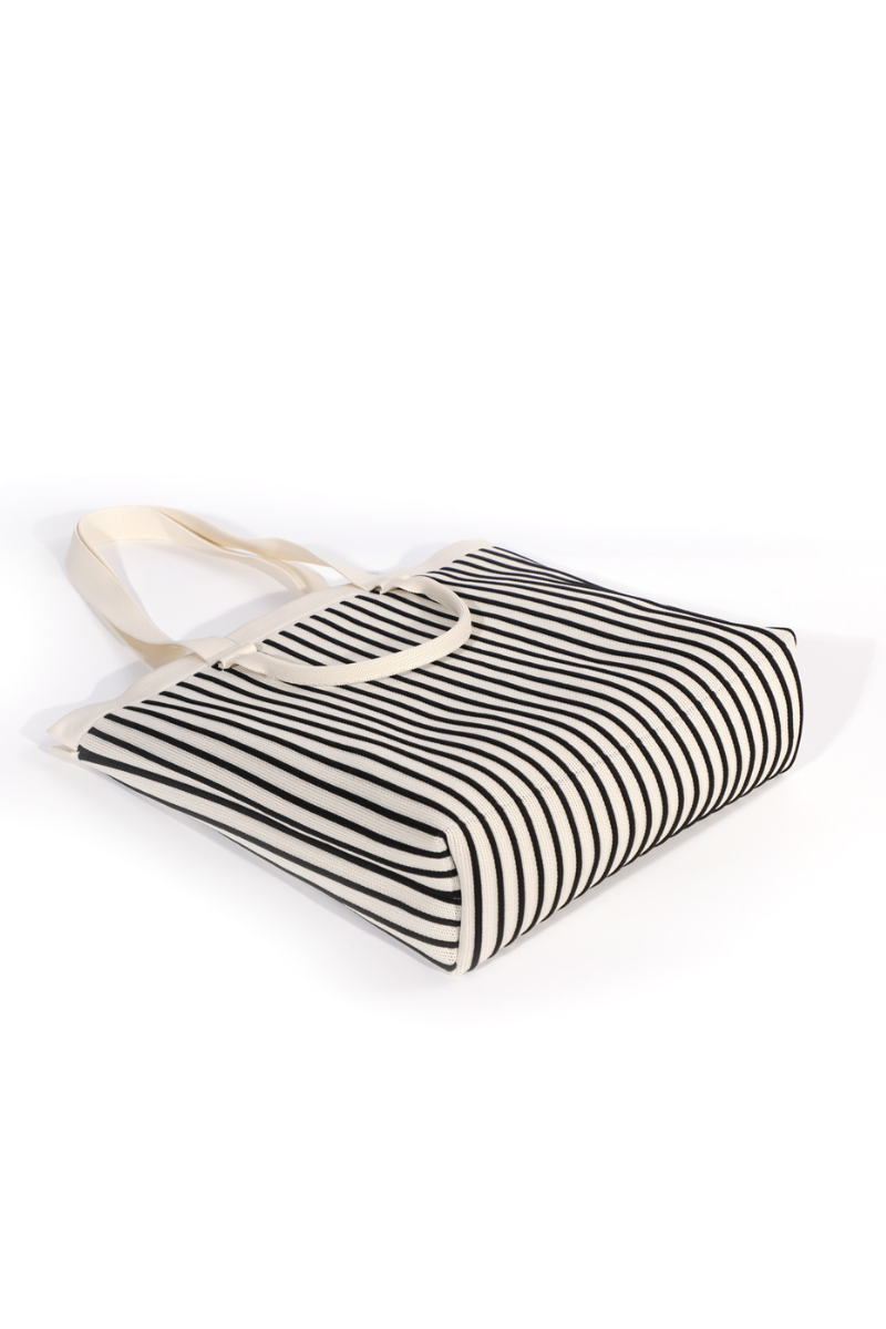Zippered Striped Knit Tote Bag-Black/White