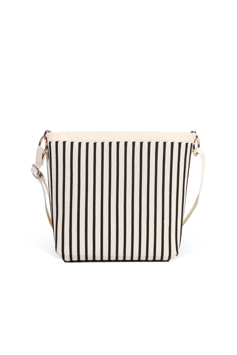 Zippered Striped Knit Tote Bag-Black/White