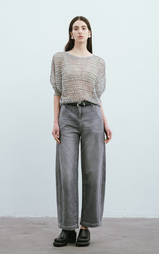 Sequined Mesh Casual Sweater-Grey