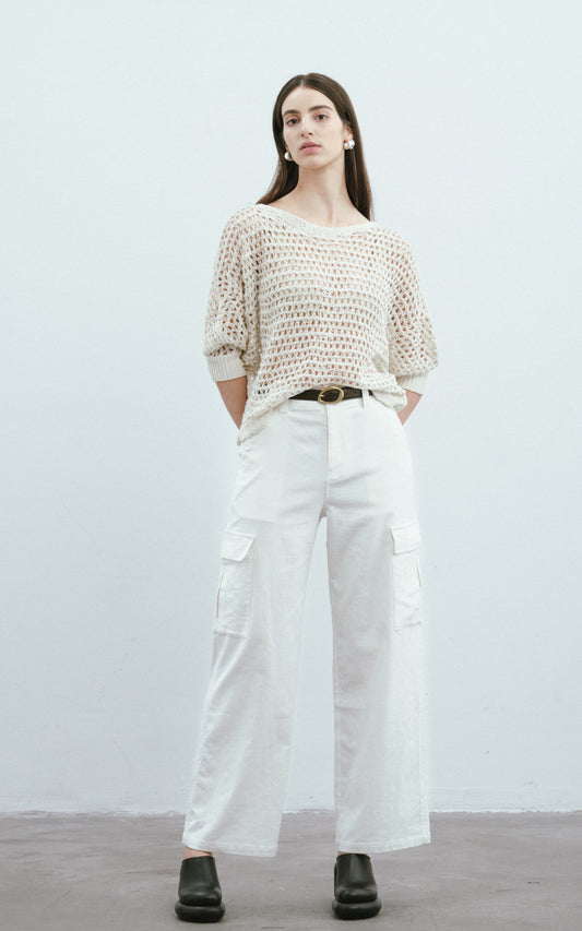 Sequined Mesh Casual Sweater-Cream