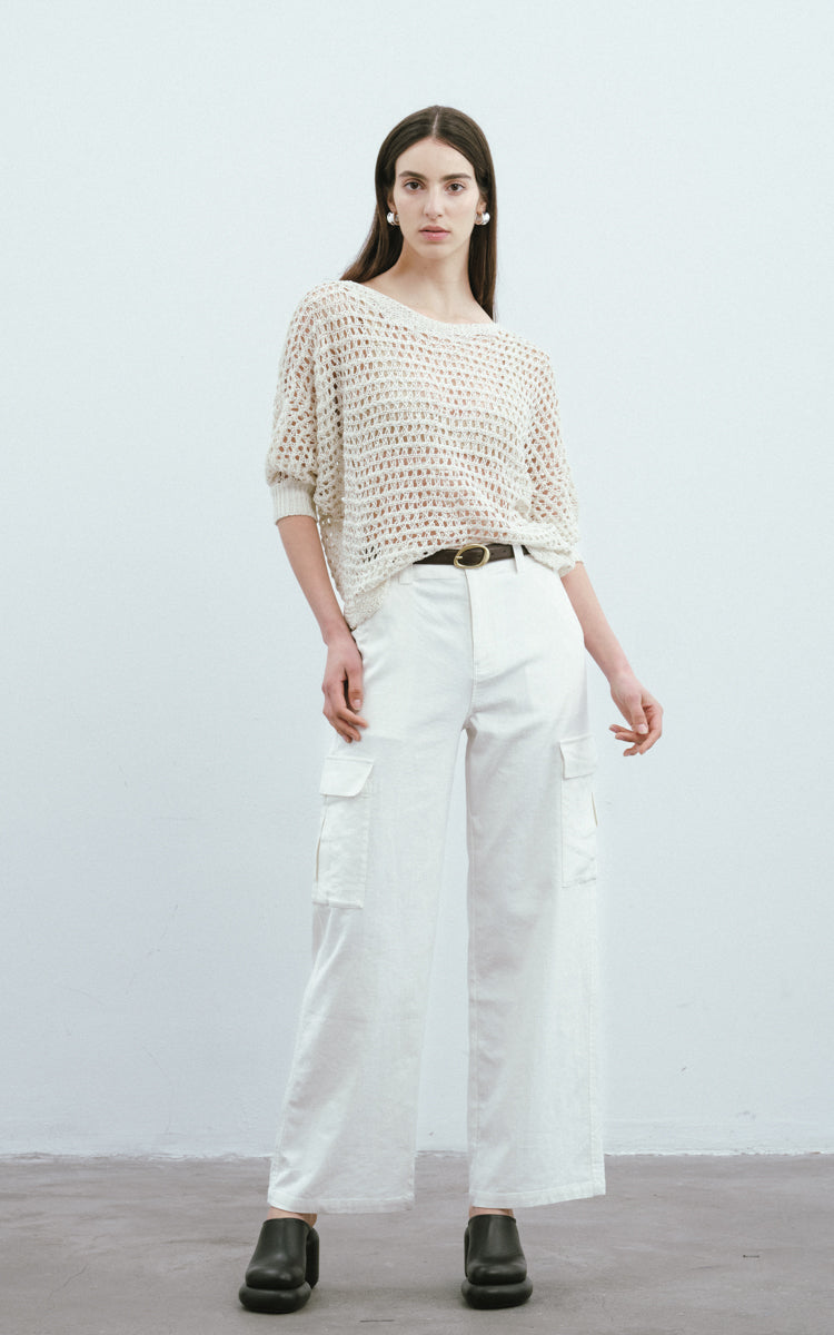 Sequined Mesh Casual Sweater-Cream