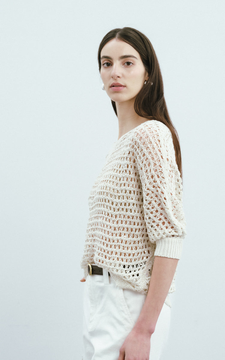 Sequined Mesh Casual Sweater-Cream