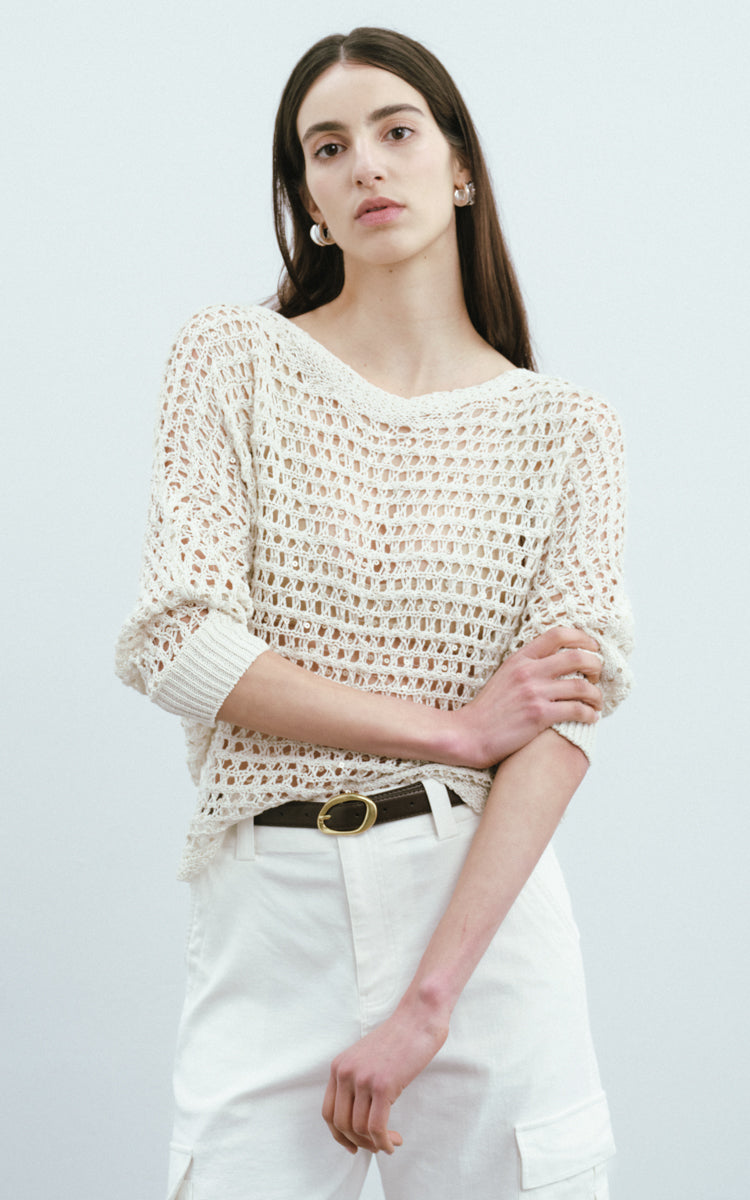 Sequined Mesh Casual Sweater-Cream
