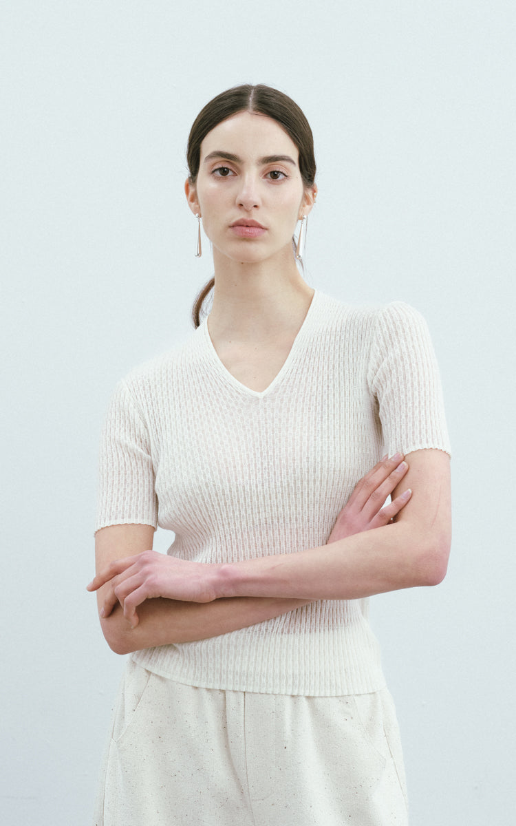 Sequined Wool SS Top-White