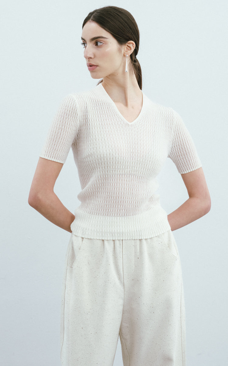 Sequined Wool SS Top-White