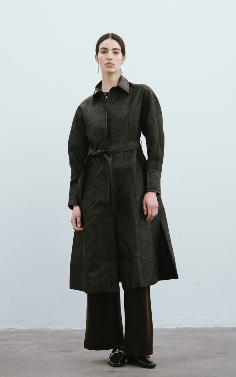 Leather-Trimmed Silk Trench
