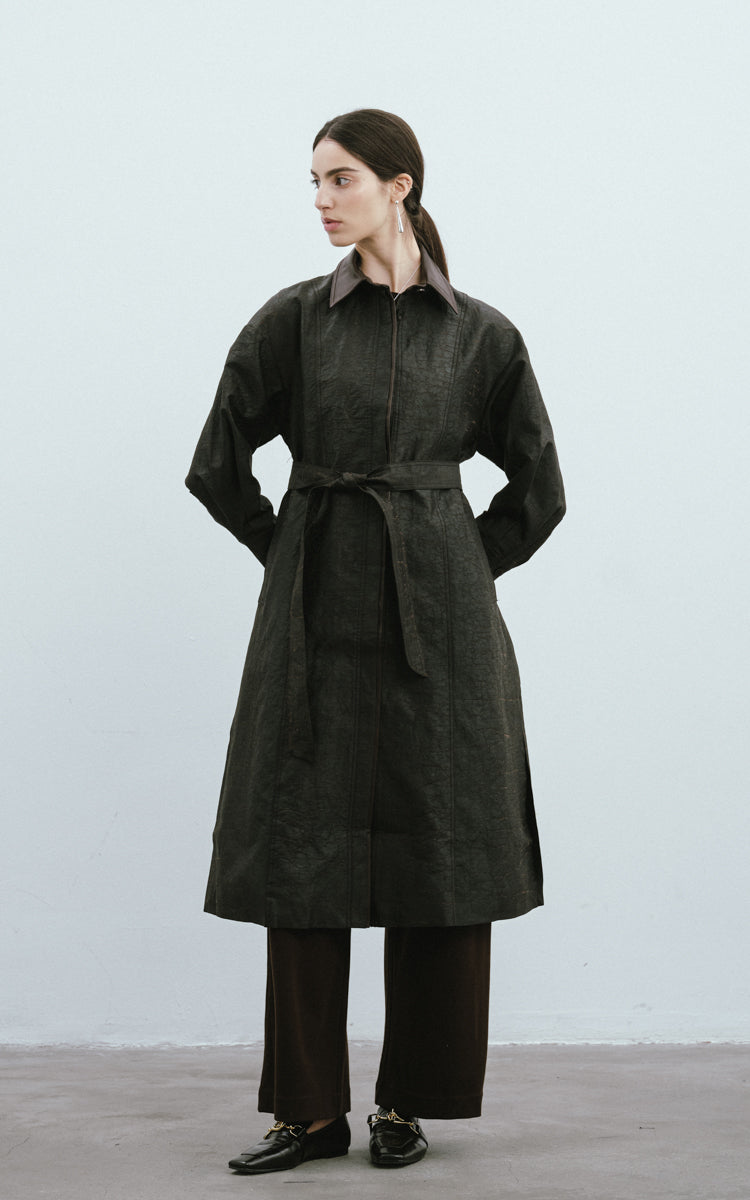 Leather-Trimmed Silk Trench