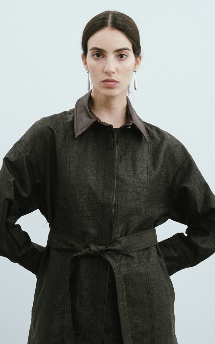 Leather-Trimmed Silk Trench