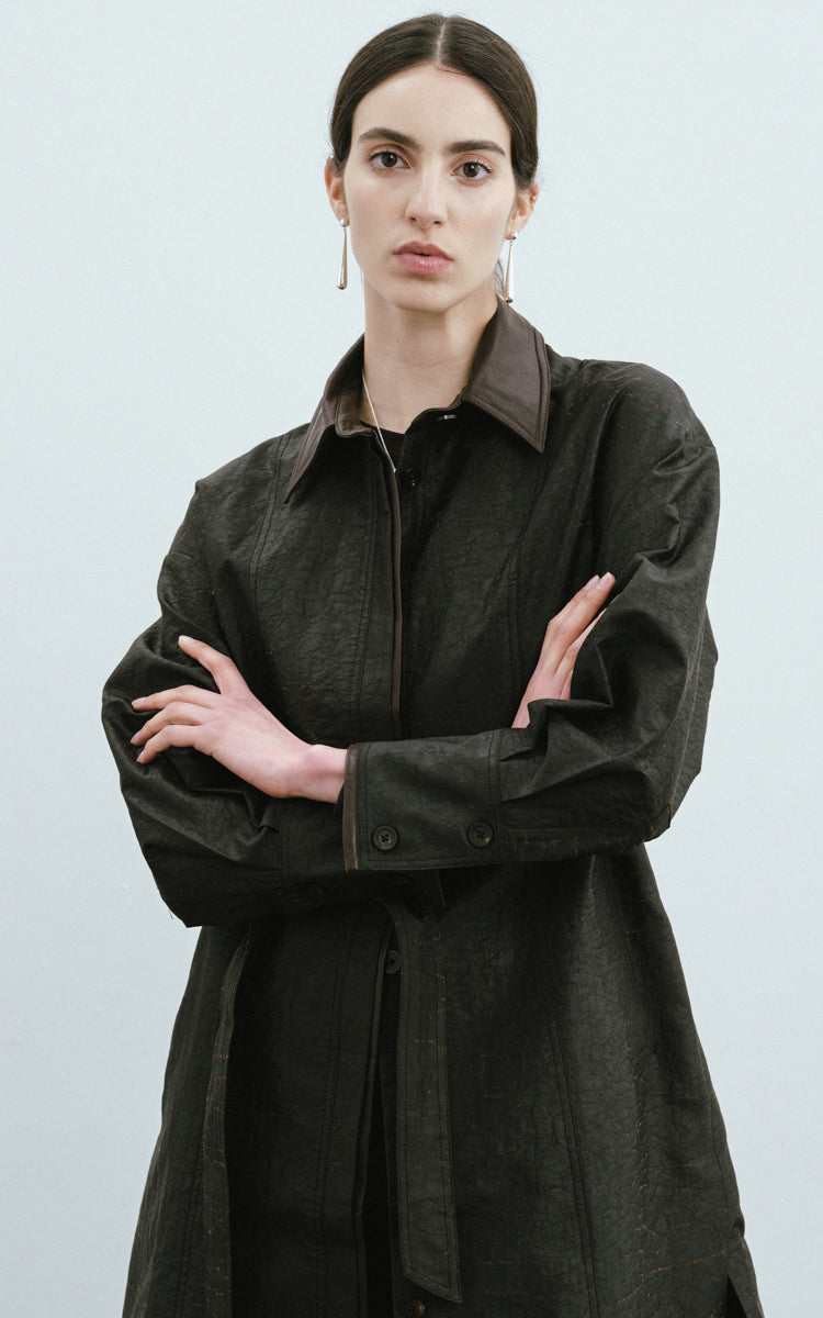 Leather-Trimmed Silk Trench