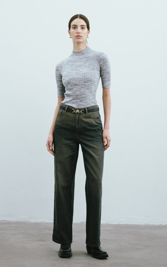 Mock Neck Wool Sweater-Melange Grey