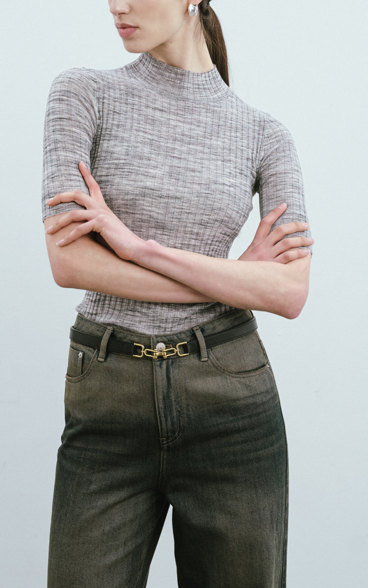 Mock Neck Wool Sweater-Melange Grey
