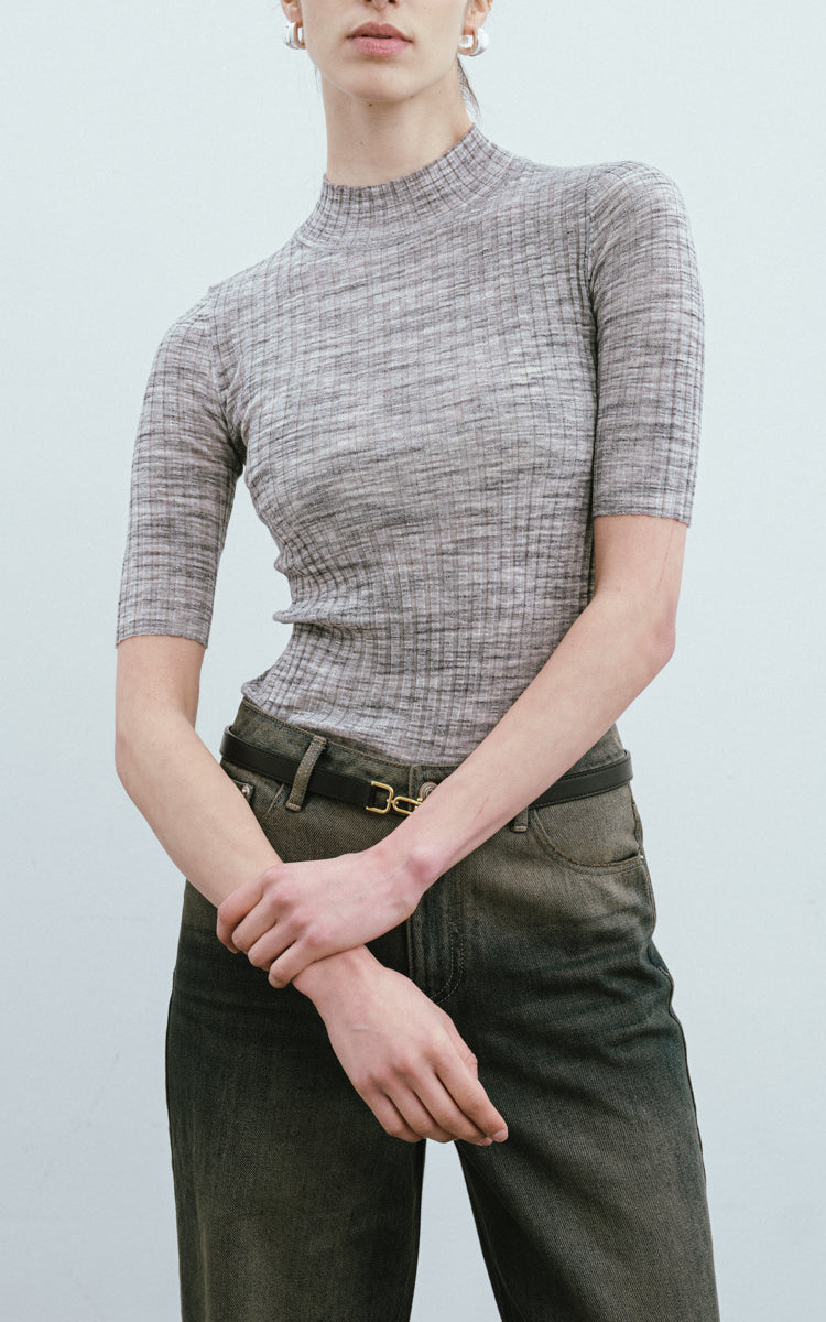 Mock Neck Wool Sweater-Melange Grey