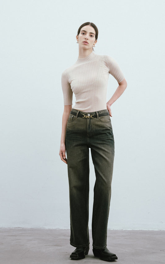 Mock Neck Wool Sweater-Beige