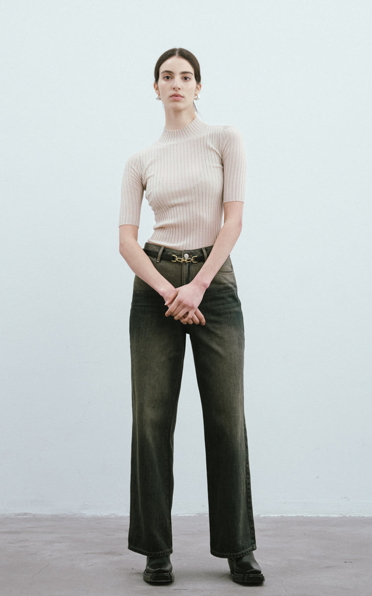 Mock Neck Wool Sweater-Beige