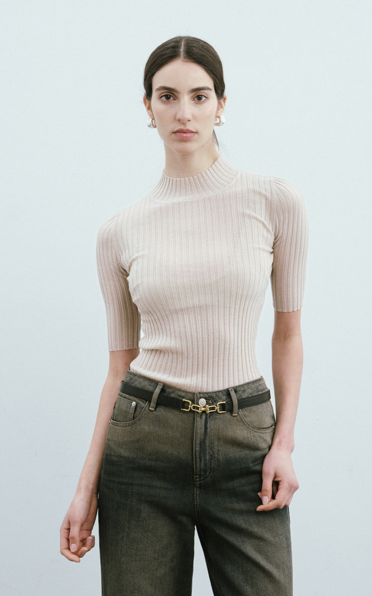 Mock Neck Wool Sweater-Beige