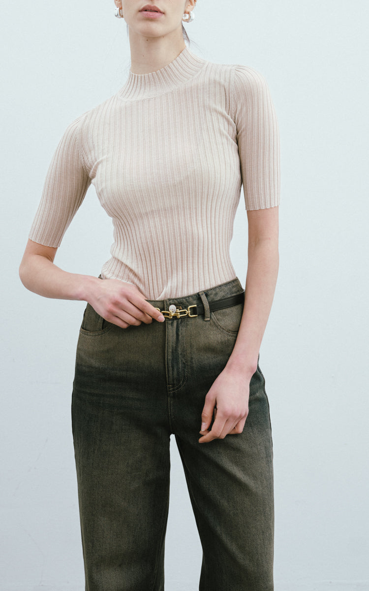Mock Neck Wool Sweater-Beige
