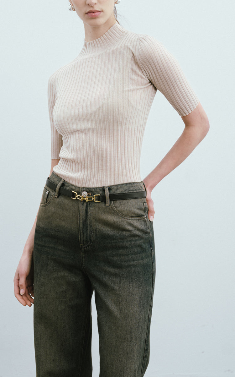 Mock Neck Wool Sweater-Beige