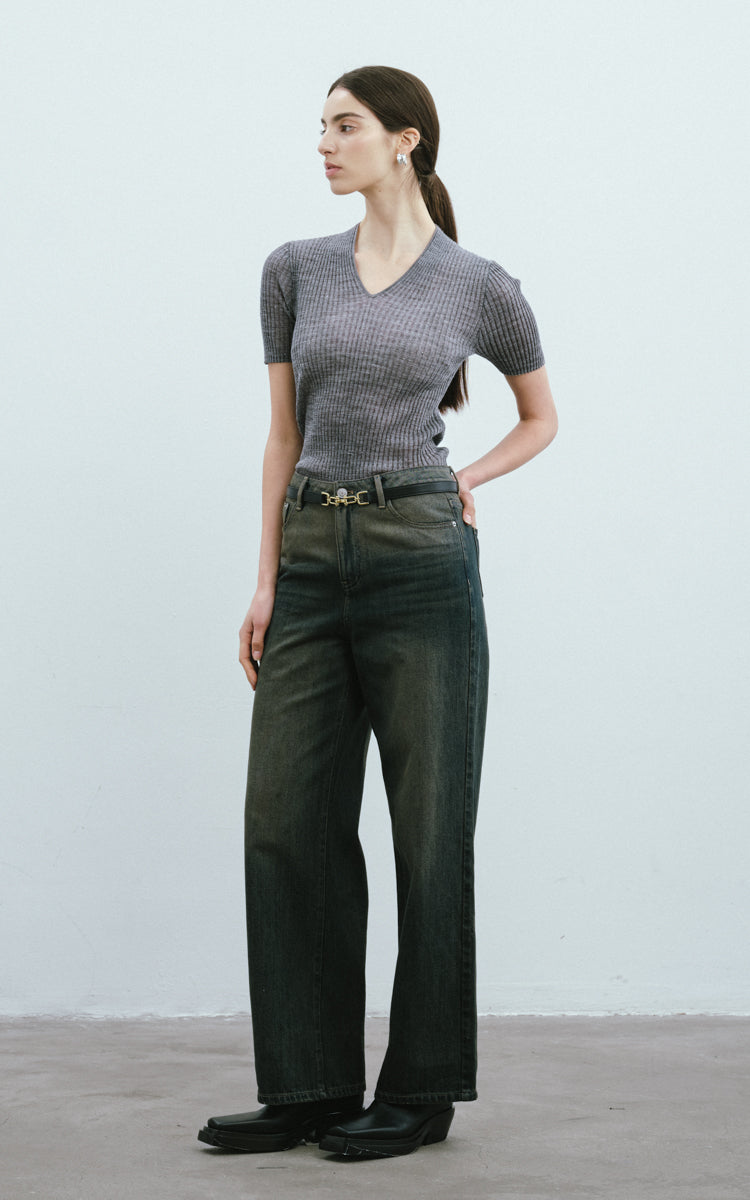 Sequined Wool SS Top-Grey