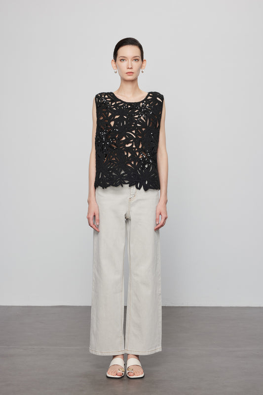 Beaded Crochet  Vest In Black