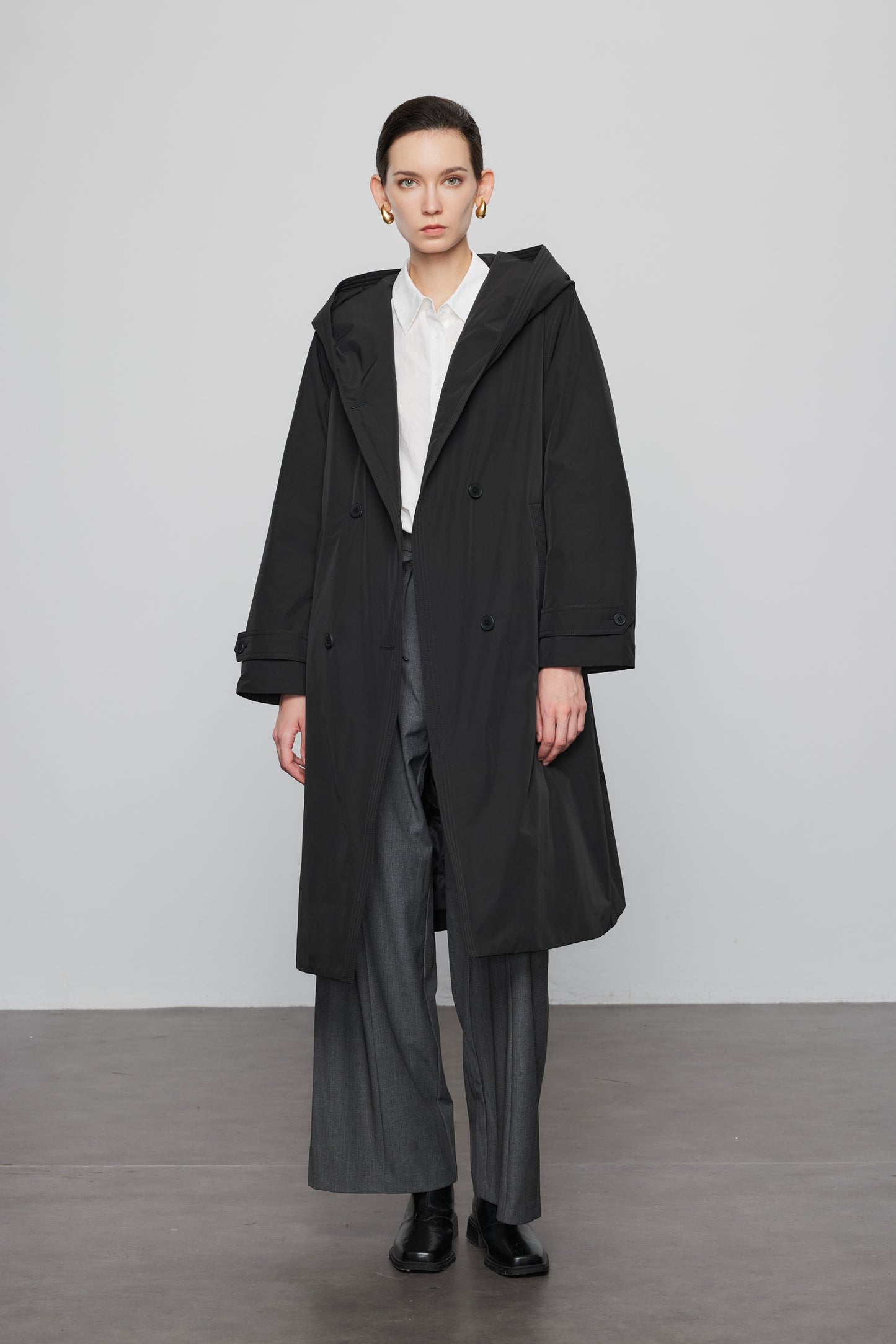 Goose Down Hooded Trench Jacket In Black