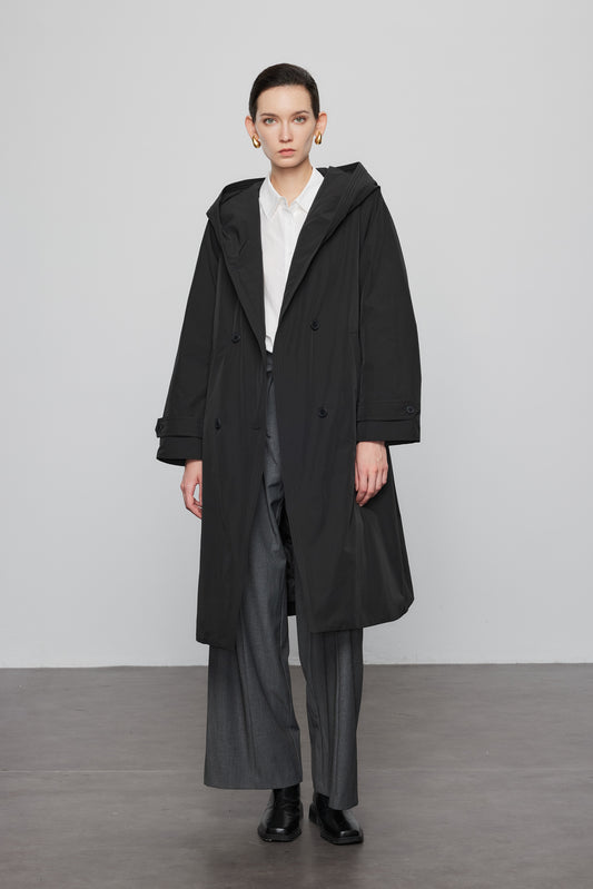 Goose Down Hooded Trench Jacket In Black