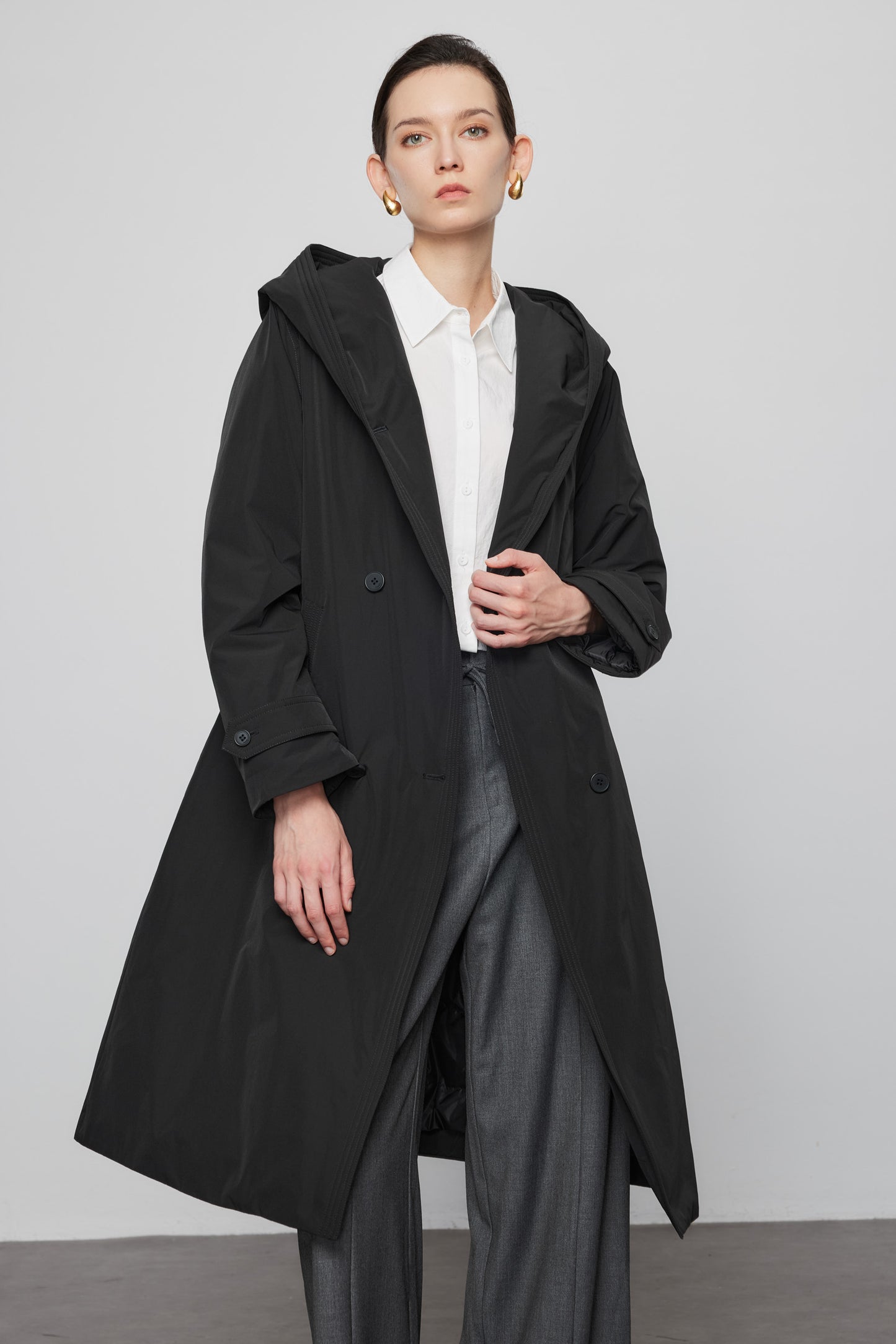 Goose Down Hooded Trench Jacket In Black