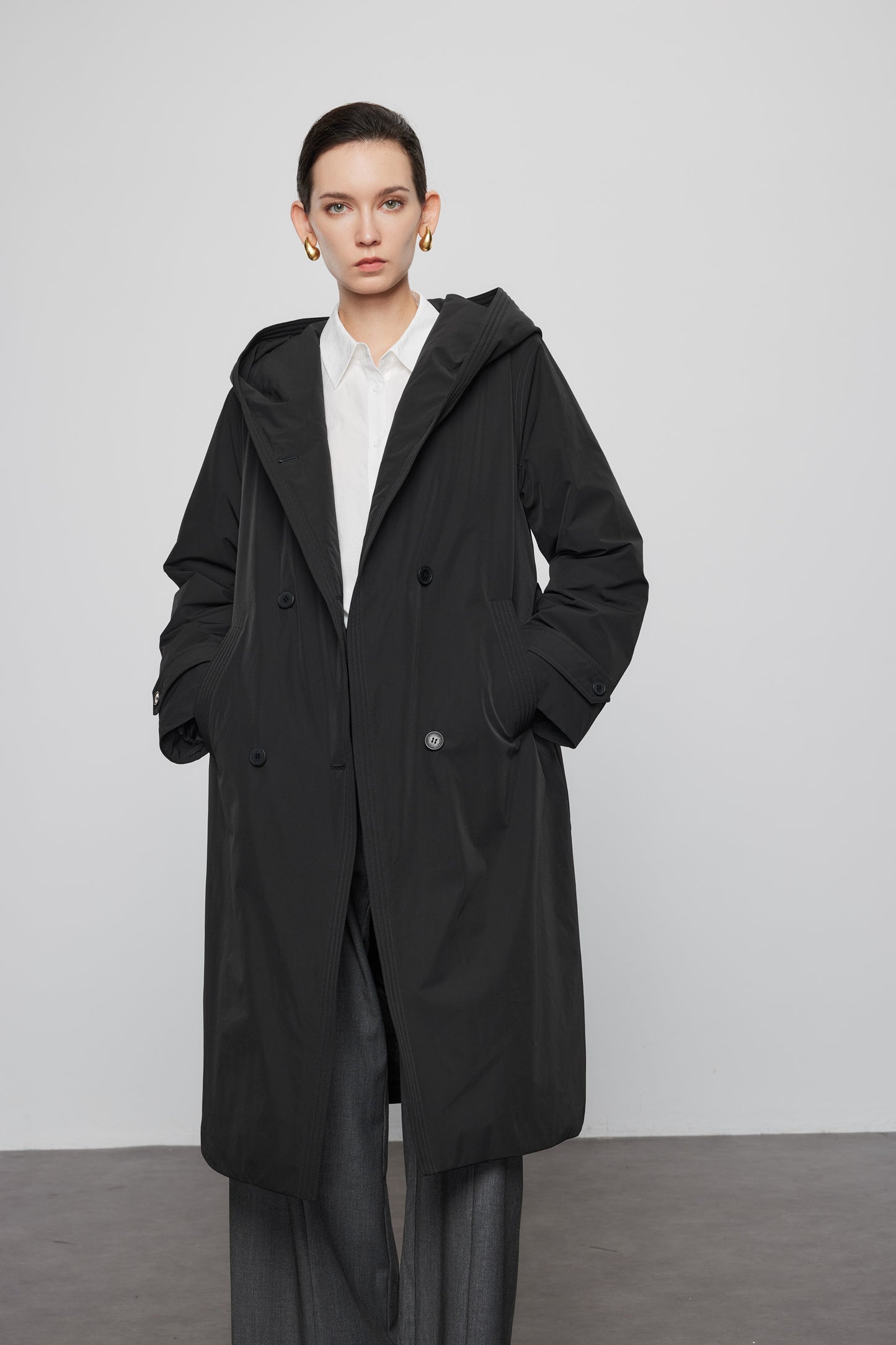 Goose Down Hooded Trench Jacket In Black