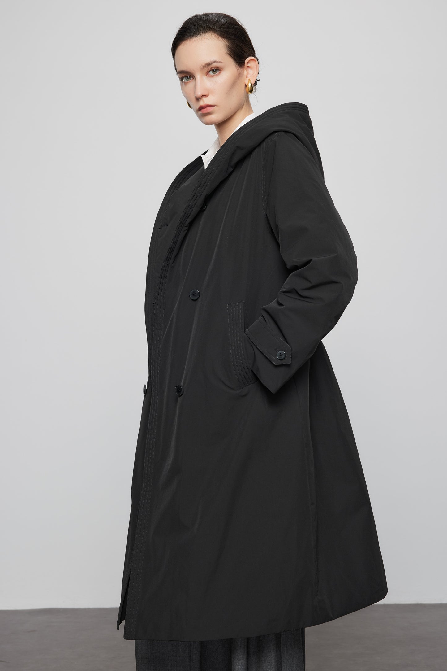 Goose Down Hooded Trench Jacket In Black