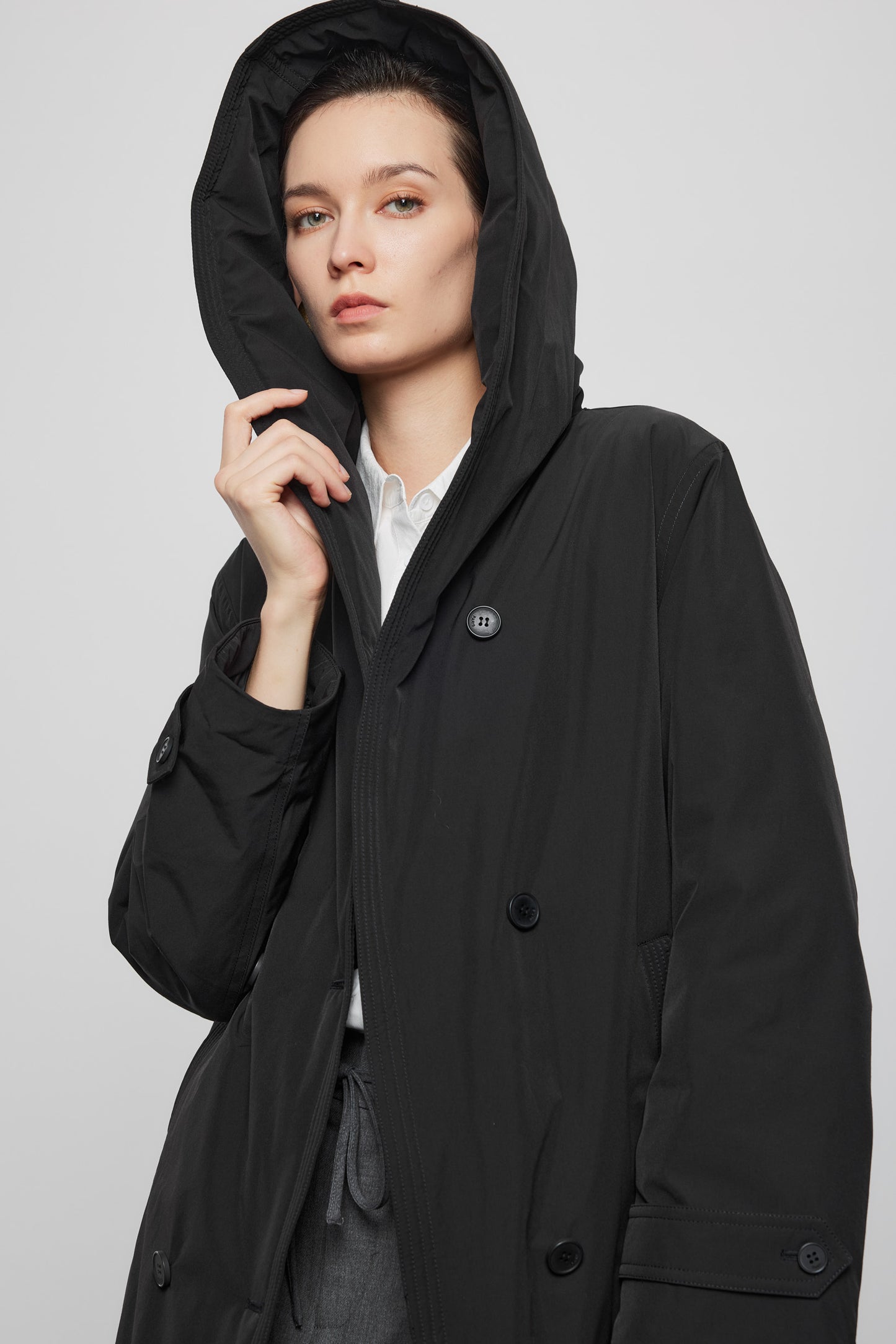 Goose Down Hooded Trench Jacket In Black