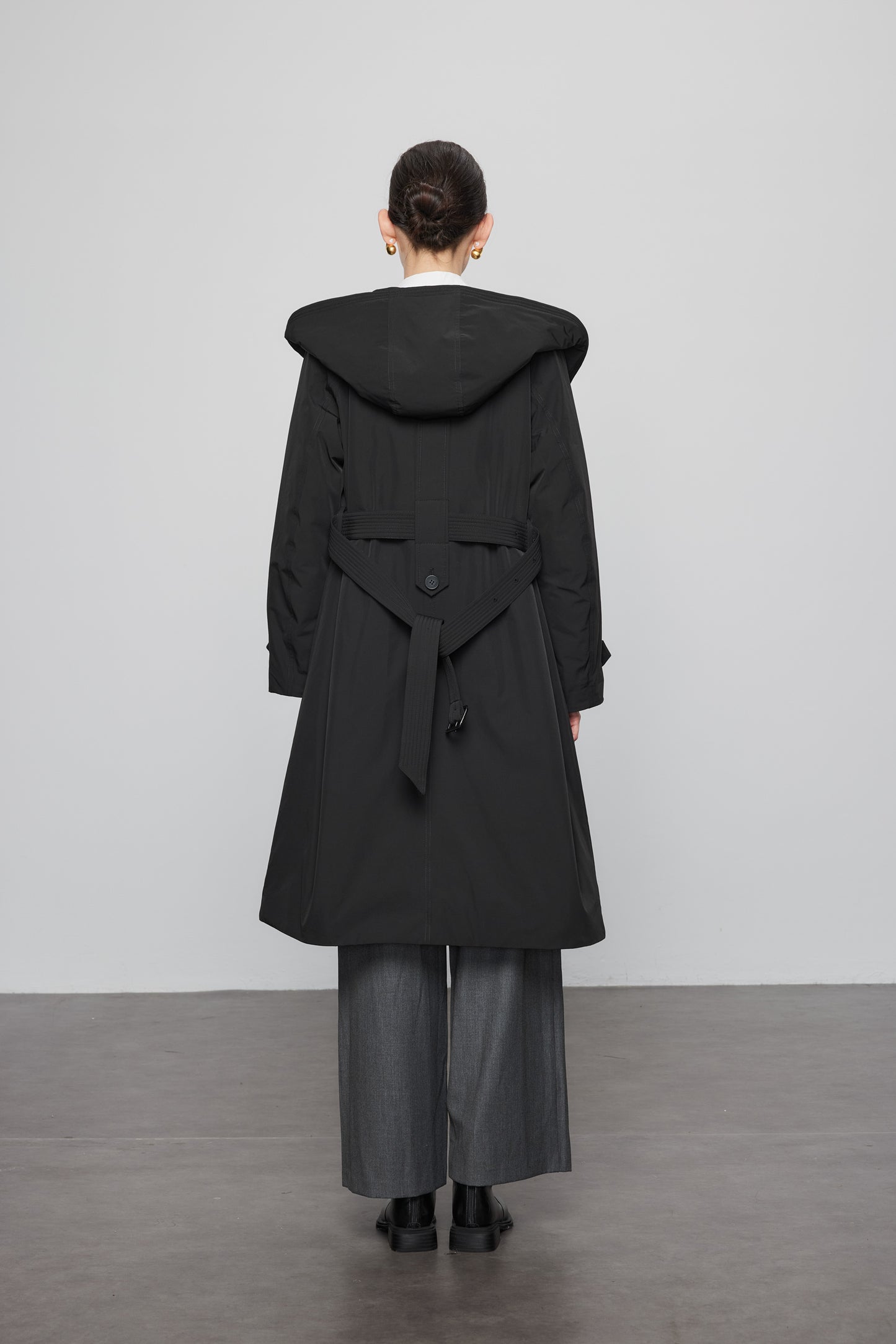 Goose Down Hooded Trench Jacket In Black