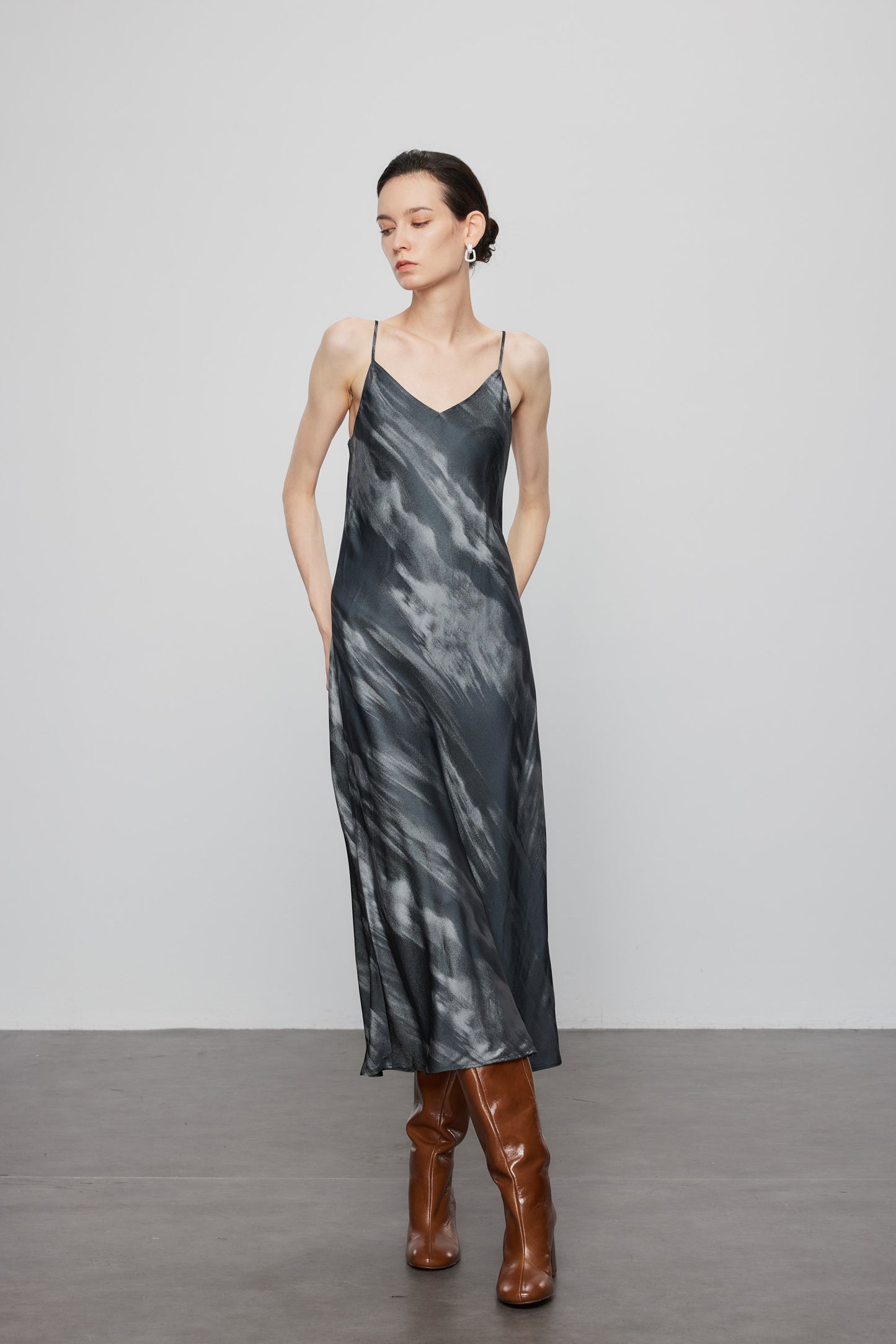 Landscape Watercolor Print Silk Slip Dress