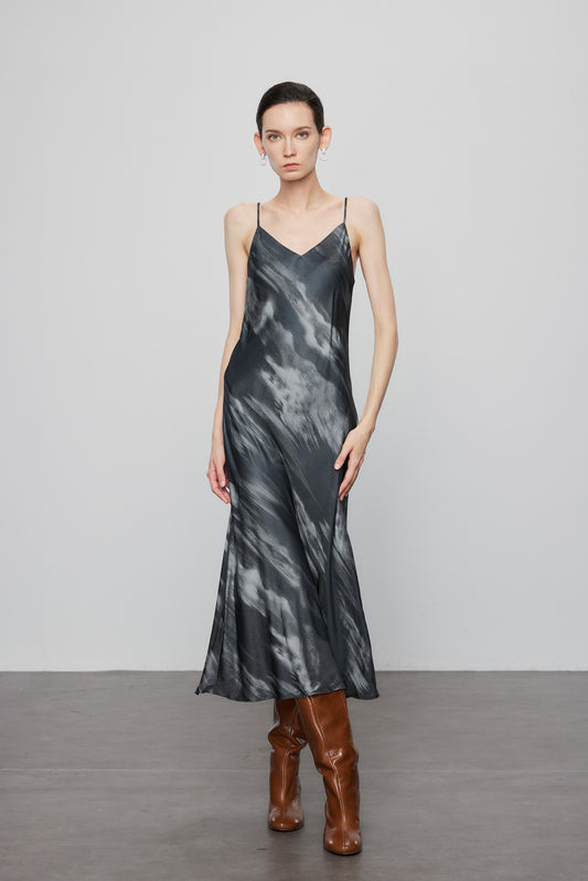 Landscape Watercolor Print Silk Slip Dress