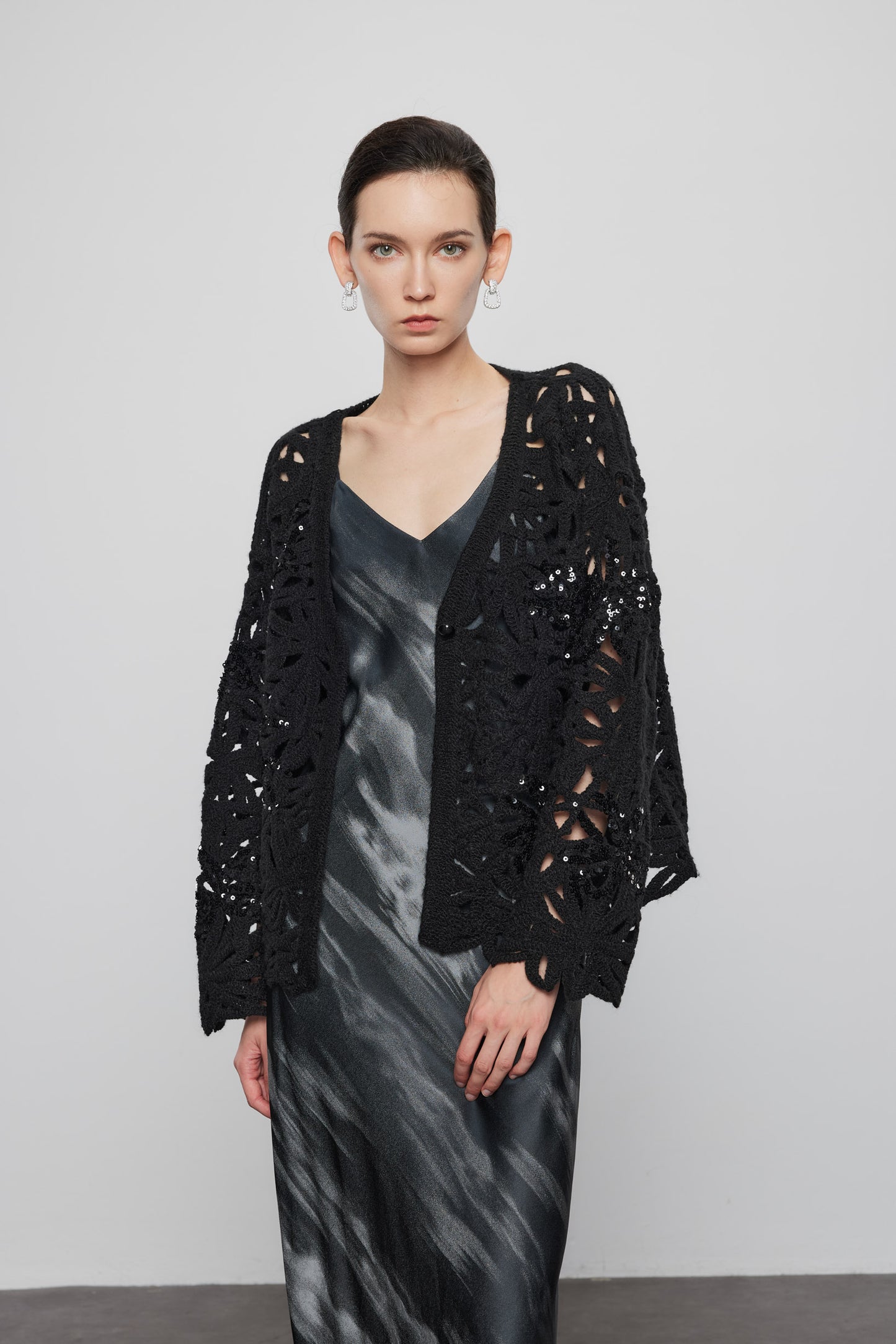 Beaded Crochet  Cardigan In Black