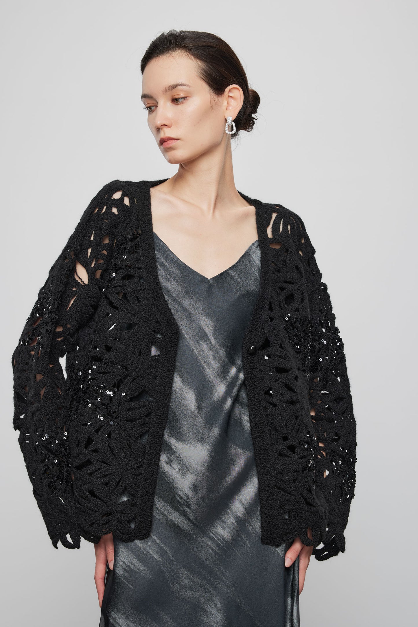 Beaded Crochet  Cardigan In Black